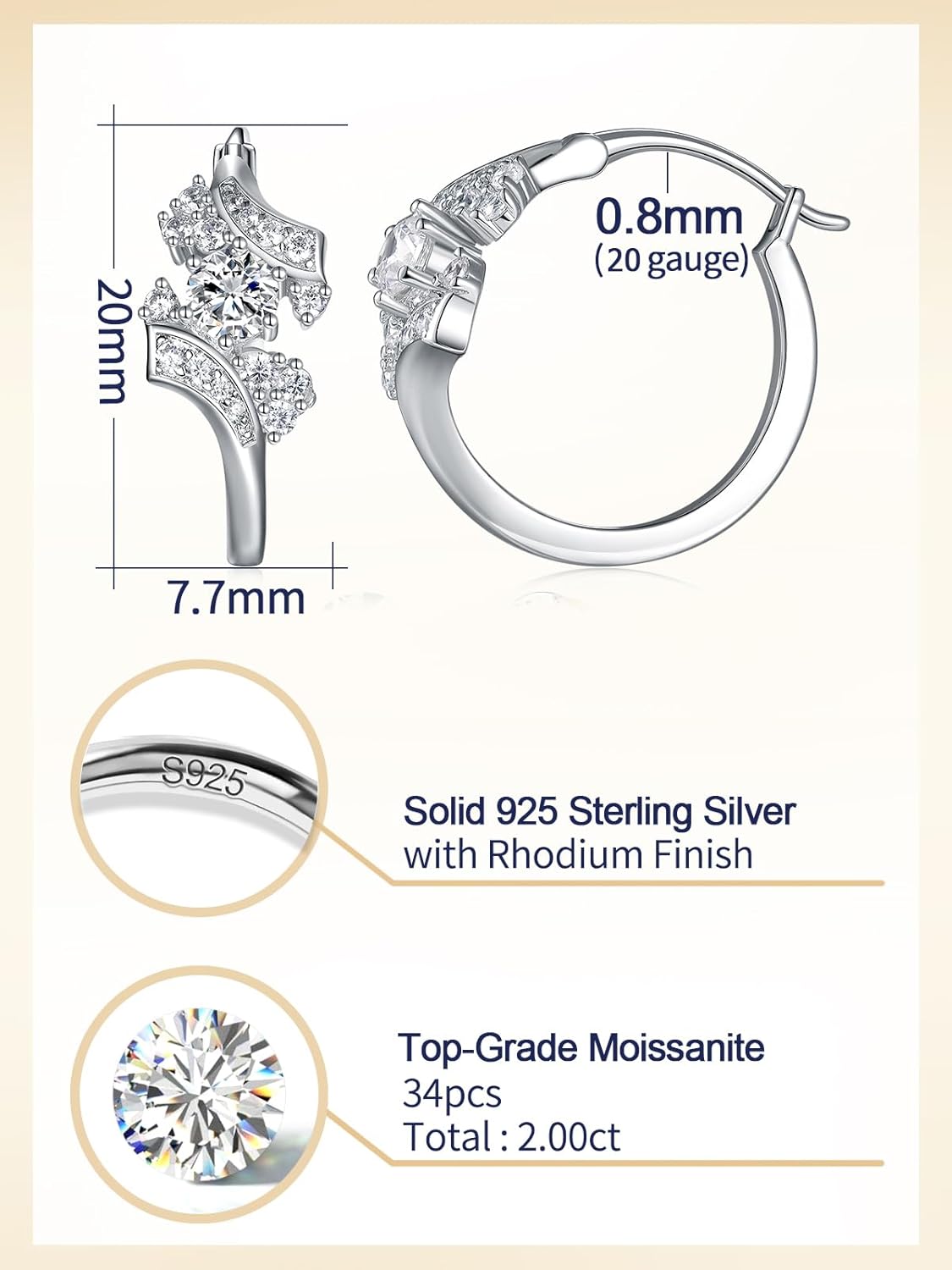 Color-D VVS1 Clarity Moissanite Sparkle Luxury Hoop Earrings for Women, Solid 925 Sterling Silver Rhodium Finish, 20mm, Birthday Anniversary Valentines Christmas Ideal Gift