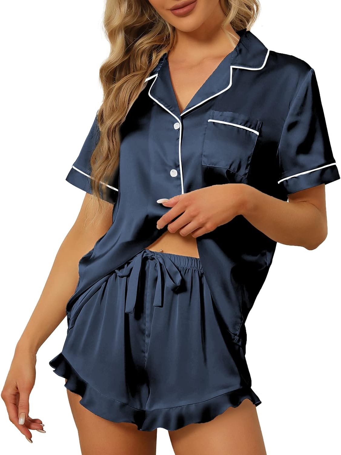 SAPJON Satin Silk Pajamas for Women 2Pcs Ruffle Notch Collar Sleepwear Button Down Short Sleeve Shorts Pjs Set Loungewear Large Navy