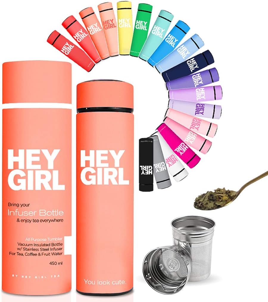 Hey Girl Tea Infuser Bottle 450ml - Insulated Stainless Steel Water Bottle - Tea Tumbler with Tea Diffuser - Portable Travel Mug for Loose Leaf Tea & Infused Water - Tea Lovers Gifts for Women