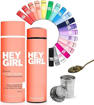 Hey Girl Tea Infuser Bottle 450ml - Insulated Stainless Steel Water Bottle - Tea Tumbler with Tea Diffuser - Portable Travel Mug for Loose Leaf Tea & Infused Water - Tea Lovers Gifts for Women