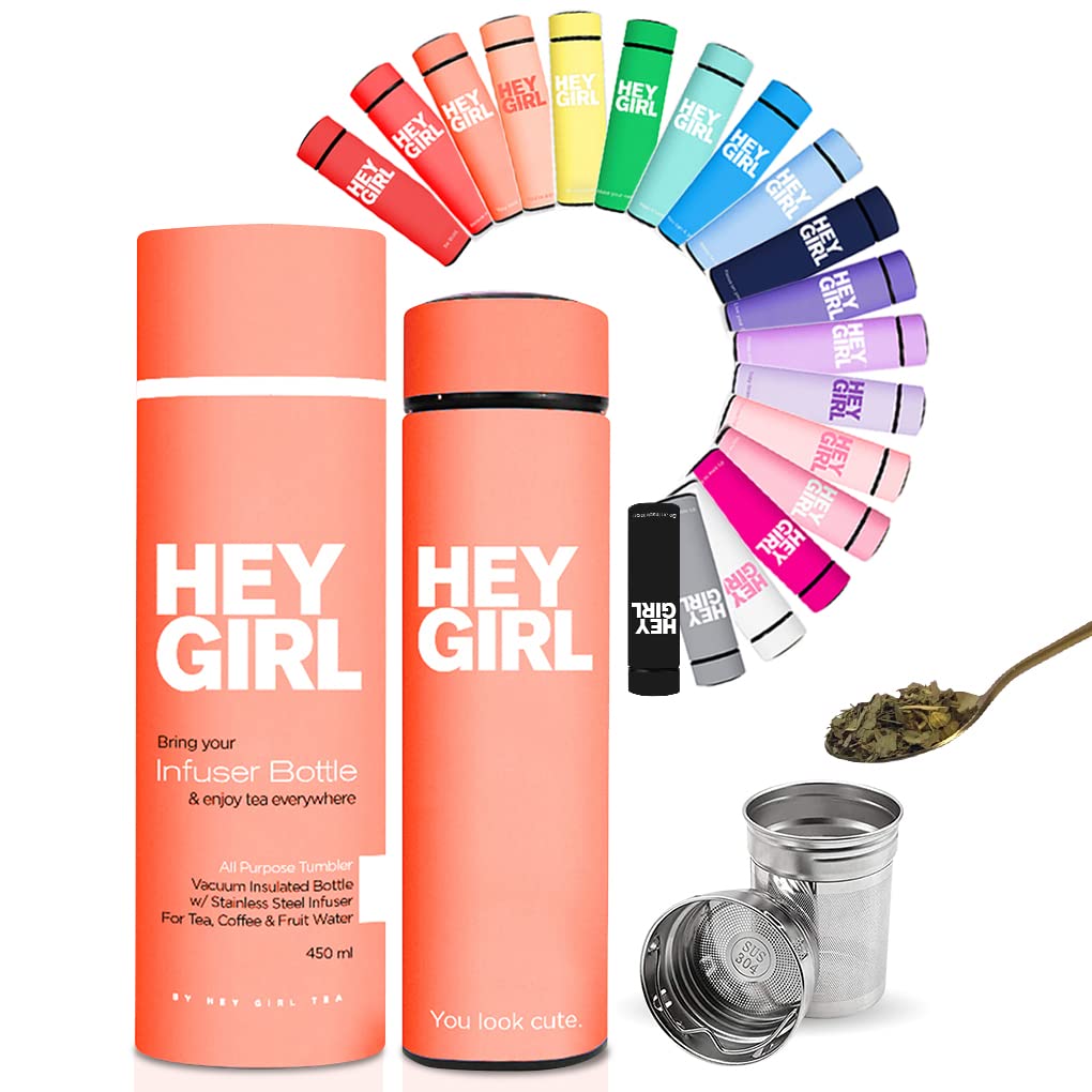 Hey Girl Tea Infuser Bottle 450ml - Insulated Stainless Steel Water Bottle - Tea Tumbler with Tea Diffuser - Portable Travel Mug for Loose Leaf Tea & Infused Water - Tea Lovers Gifts for Women