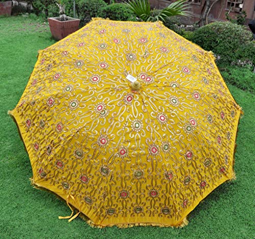 Indian Rangoli Garden Rainbow Umbrella | Large Sun Shade Patio Mandala Parsol Umbrella | Handmade Cotton Outdoor Fabric Umbrella Decorative (Yellow) #TOP1