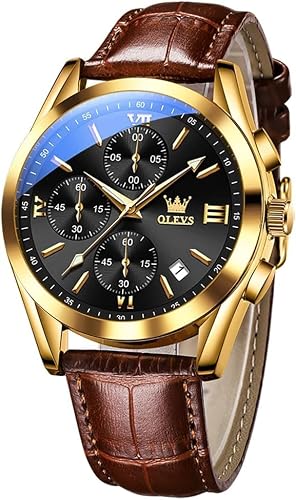 OLEVS Herrenuhr Lederarmband Mondphase Freizeit Klassisch Analog Quarz Kalender 3ATM Wasserdicht Leuchtende Armbanduhr Herren