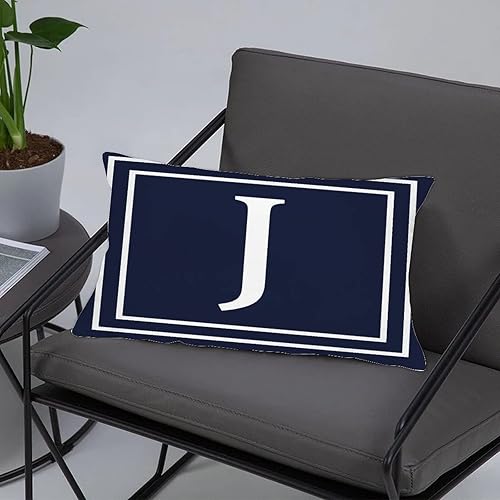 Miniatura 9 de Fundas de almohada lumbares decorativas con letras iniciales y patrón geométrico, letra E, color azul marino, monograma, funda de cojín para sofá,