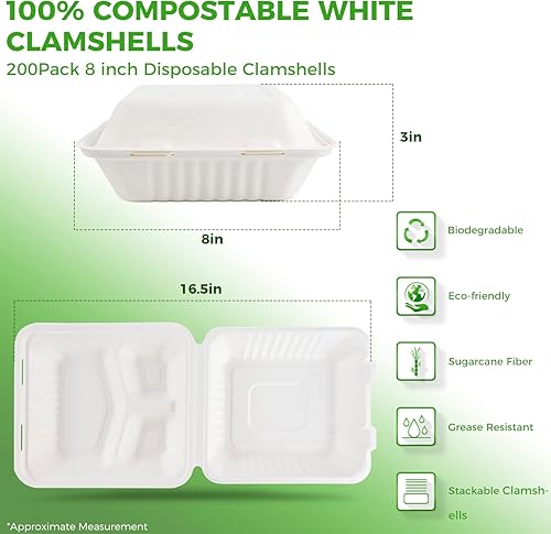 Miniatura 2 de Azure Zone, Concha compostable de 8 pulgadas, 3 compartimentos, paquete de 200 contenedores para llevar, biodegradables hechos de fibras de caña de