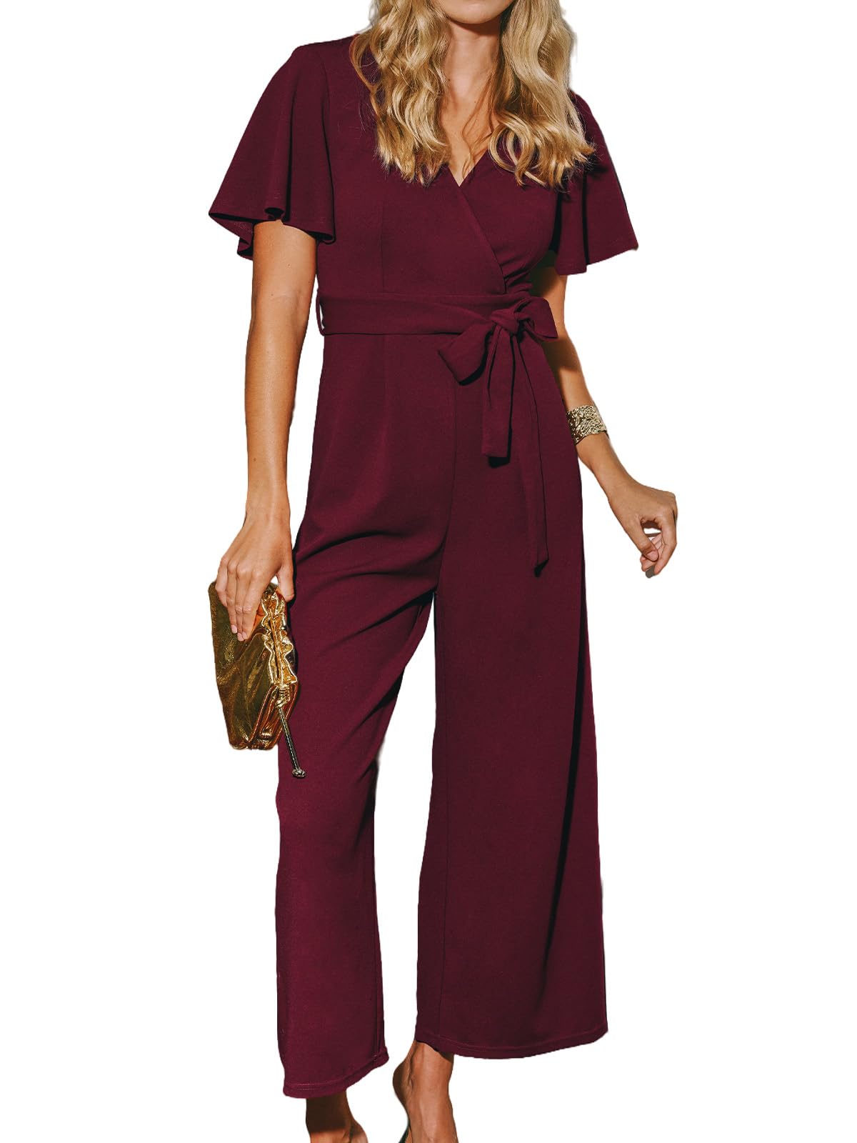 CUPSHE Damen Jumpsuit Wrap V-Ausschnitt Kurzarm Gürtel Overall mit Taschen Weites Bein Elegant Playsuit