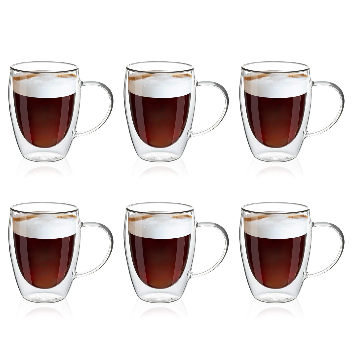 MEWAY12oz/6 pack Coffee Mugs,Clear Glass Double Wall Cup with handle for Coffee, Tea, Latte, Cappuccino (12 oz，6)