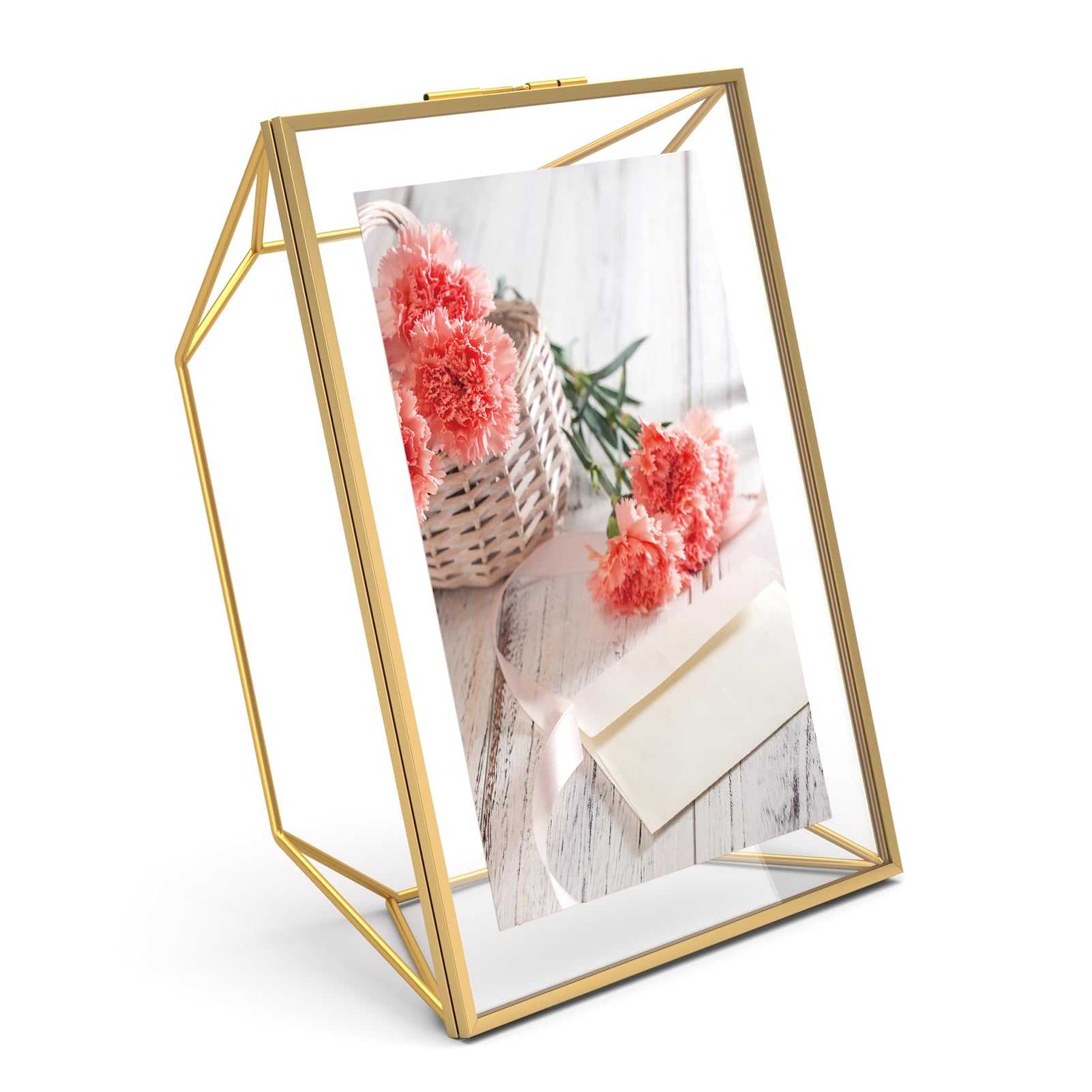MEBRUDY5x7 Gold Picture Frame, Floating Frame for 5x7 or 4x6 Photos, Metal Photo Frames for Desktop or Wall Mount, Polygonal