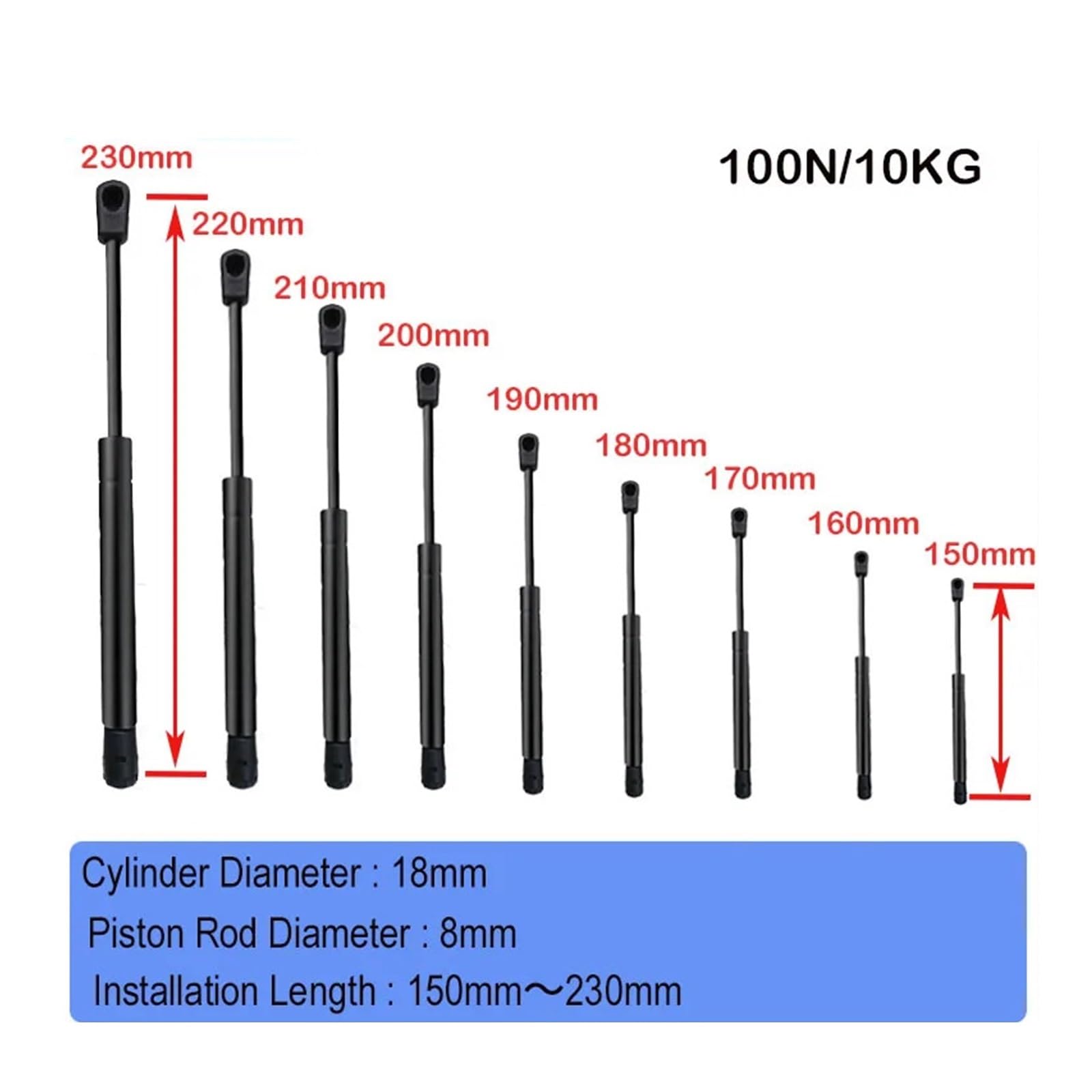 Barras de puntal, amortiguador resorte gas, soporte elevación hidráulica, 150mm-230mm, 100N/10KG