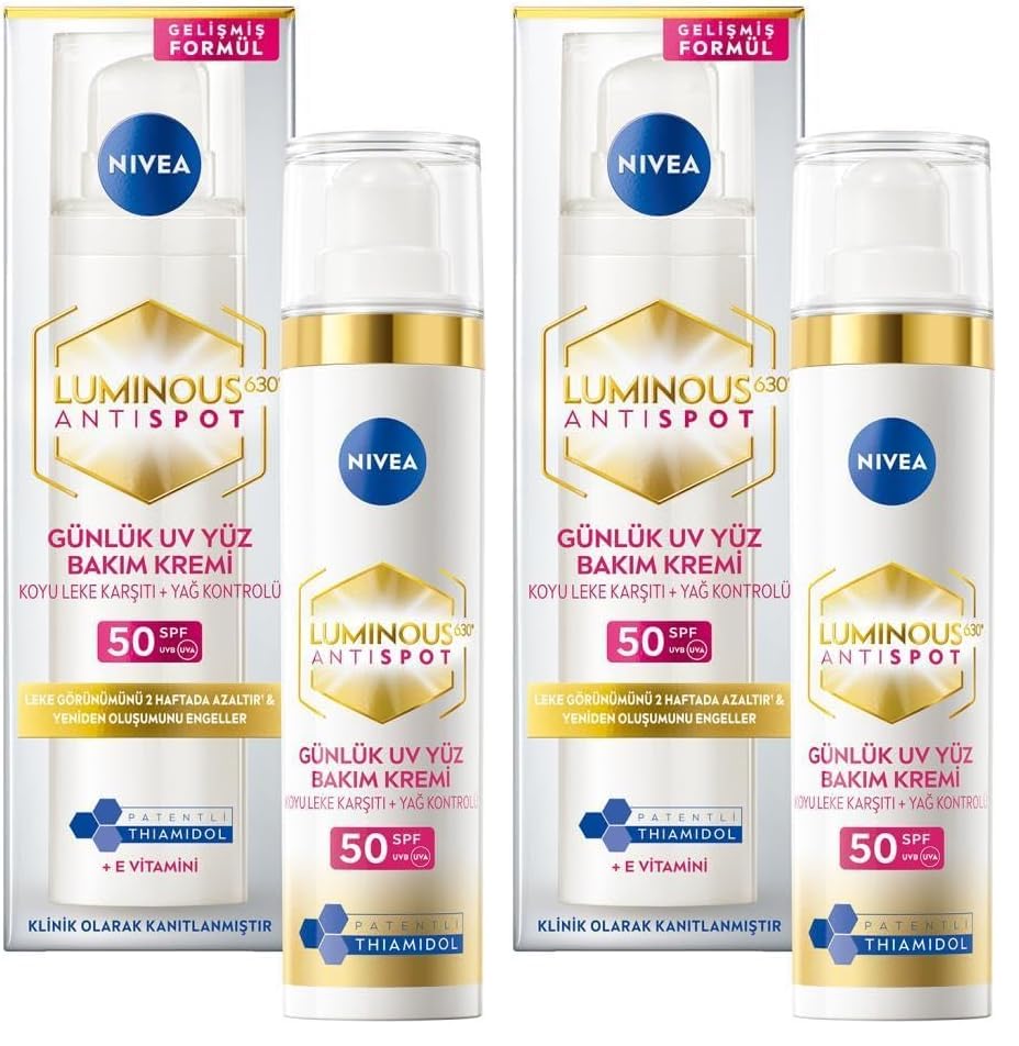 NIVEA Luminous630 Leke Karşıtı Gündüz Bakım Kremi 40ml, SPF50 Yüksek Güneş Koruyucu, Hyaluronik Asit, E vitamini, Hassas Cilt, Yüz Güneş Koruyucu, Koyu Leke, Güneş Lekesi Karşıtı (2 paketi)