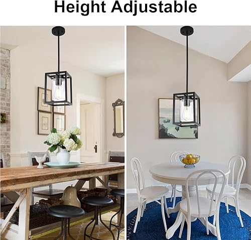 Miniatura 6 de VINLUZ Lámpara colgante de 1 lámpara en acabado negro mate, lámpara industrial de granja para comedor con pantalla de vidrio sembrado, luces de