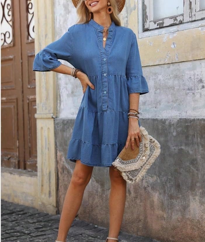 Women's Casual Denim Dress Tiered Ruffle A Line Button Down Summer Jean Dresses with 3/4 Flared Sleeves4