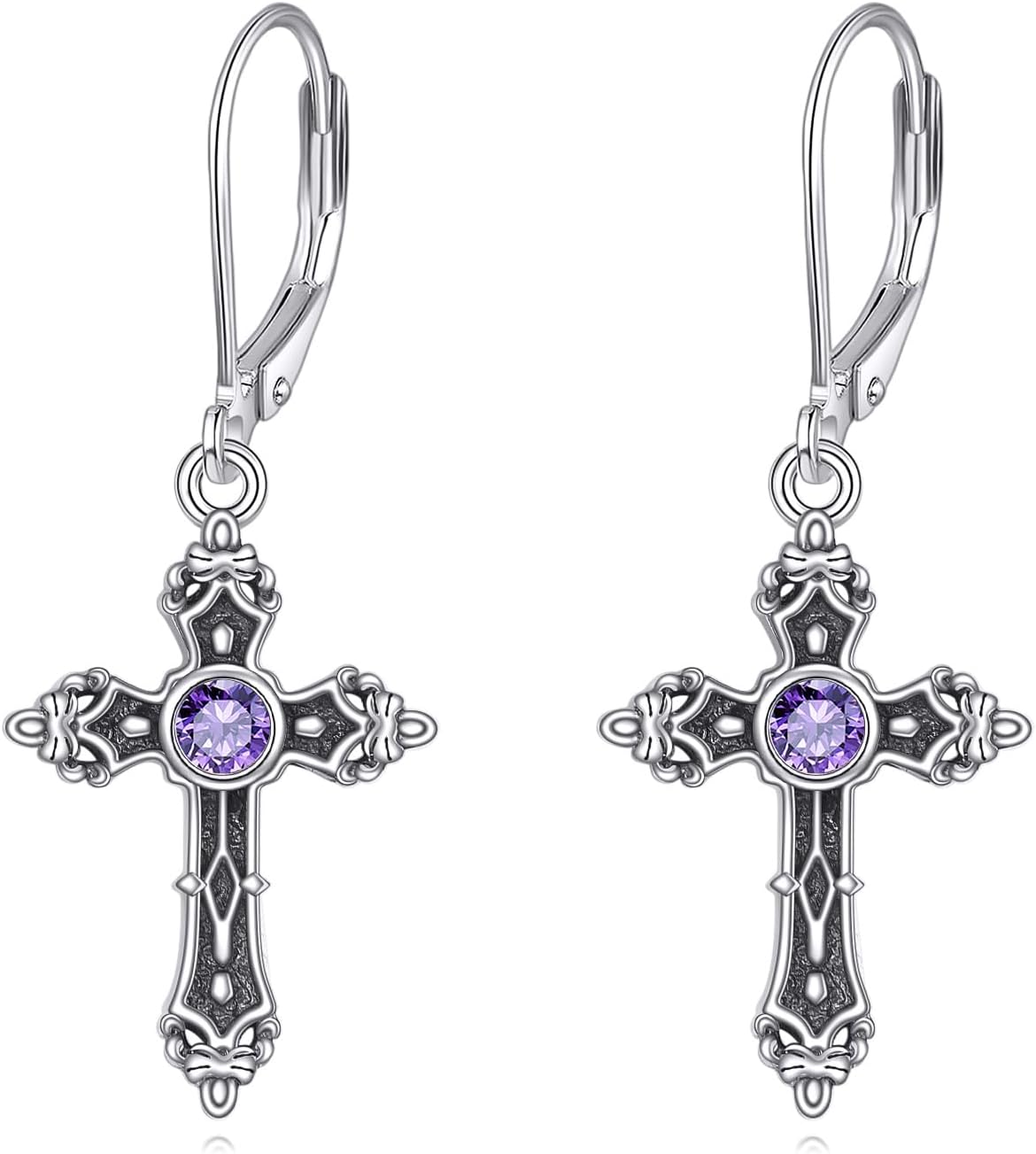 LONAGO Cross Earrings for Women 925 Sterling Silver Vintage Cross with Birthstone Drop Earrings