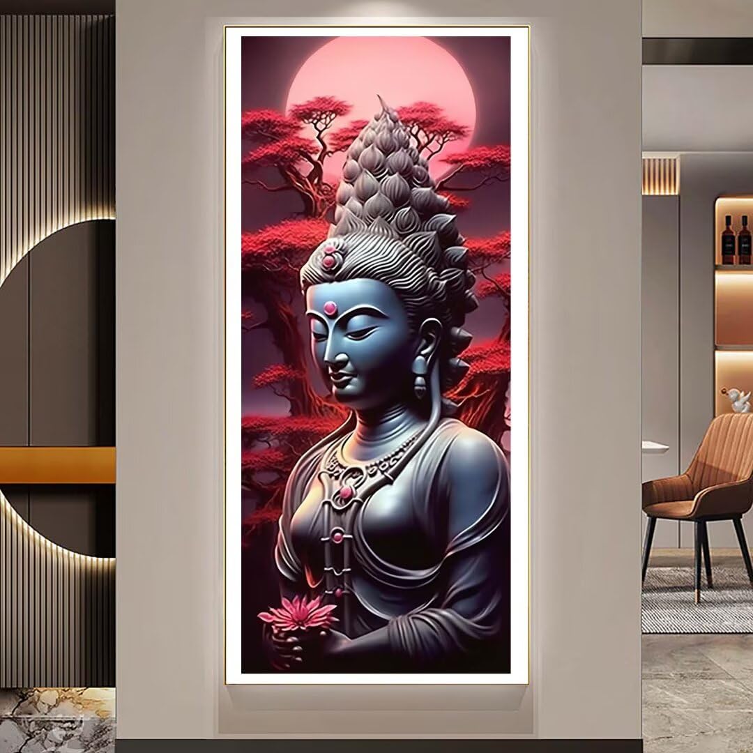Diamond Painting Bouddha, Peinture Diamant Adulte Enfant DIY 5D Diamant Painting Lune Broderie Diamant Kit Complet,Full Accessoires Diamant Art Point de Croix Kitspour Décoration Murale 60x150 cm Q157