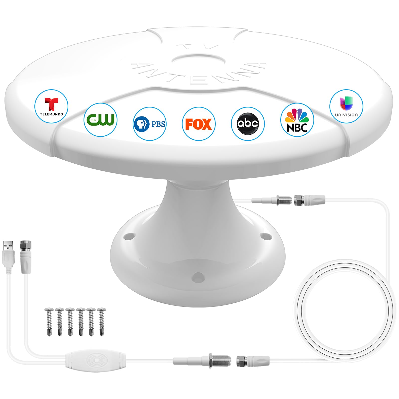 Outdoor TV Antenna 360° omnidirectional Reception Over 100 Miles Range Enhanced VHF and UHF 4K HD Digital TV Antenna, 32 feet RG6 coaxial Cable (Screw Base)