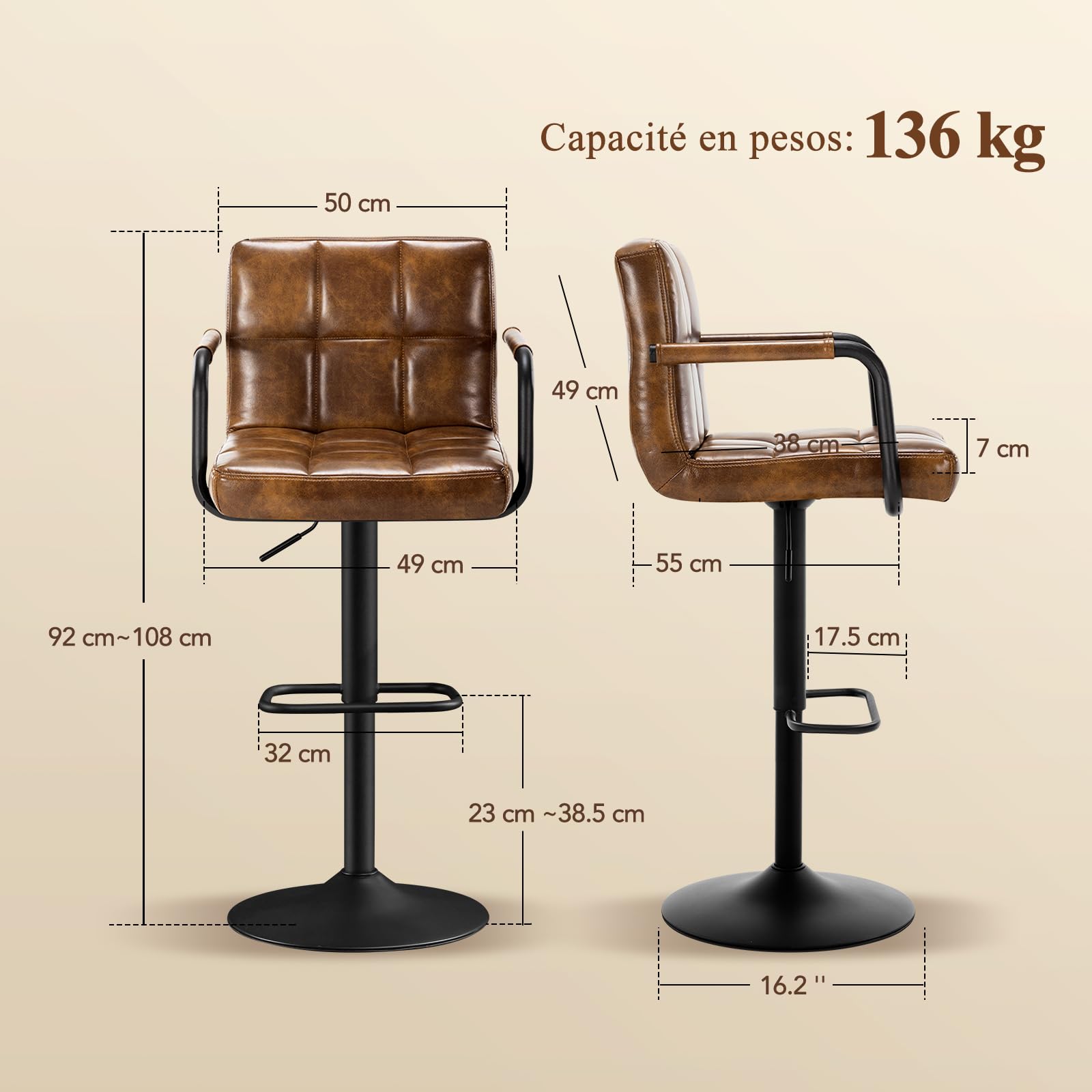 Tabouret de Bar Lot de 2, Tabouret de Cuisine Pivotants 360°,Chaise de Bar Réglable en Hauteur en Similicuir avec Repose-Pieds, Dossier et Accoudoirs pour Cuisine, Comptoir, Bar, Marron Jaune