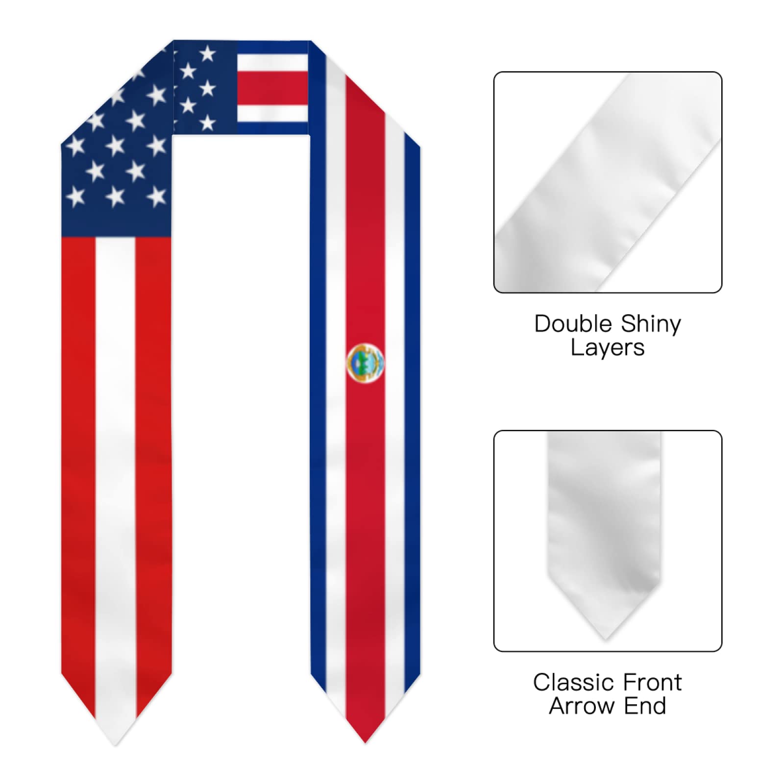 usa american and costa rica graduation stoles graduation sash for Study Aboard International Students length 72in Graduation shawl class of 2023