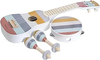 Kindsgut Musical Instrument Set with Guitar Rattles and Tambourine, Subtle and Modern Colours, Stripes