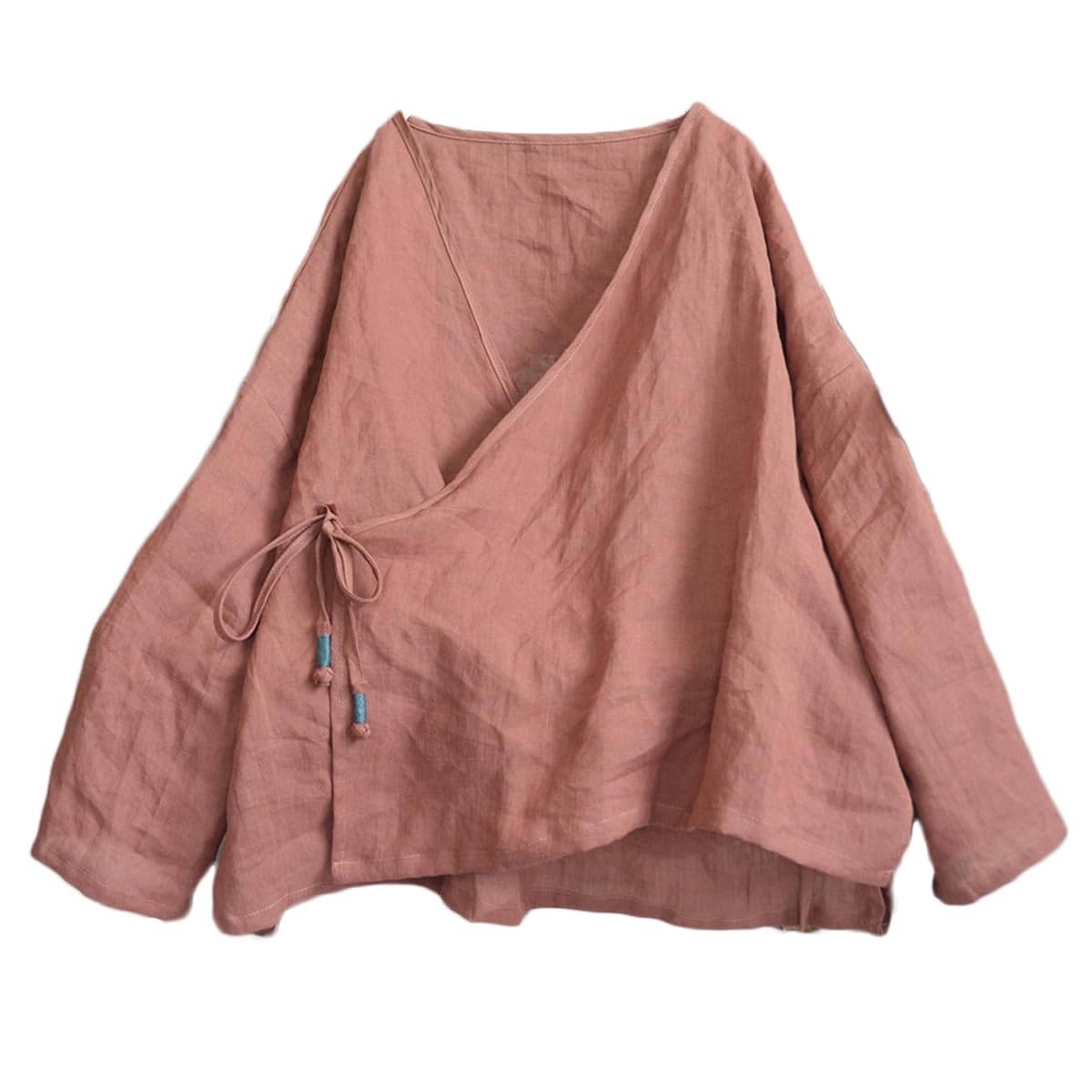 NFYM Damski kardigan kimono Hanten z długim rękawem owijany przód bawełna len retro hanfu kostium nieregularny koszula topy
