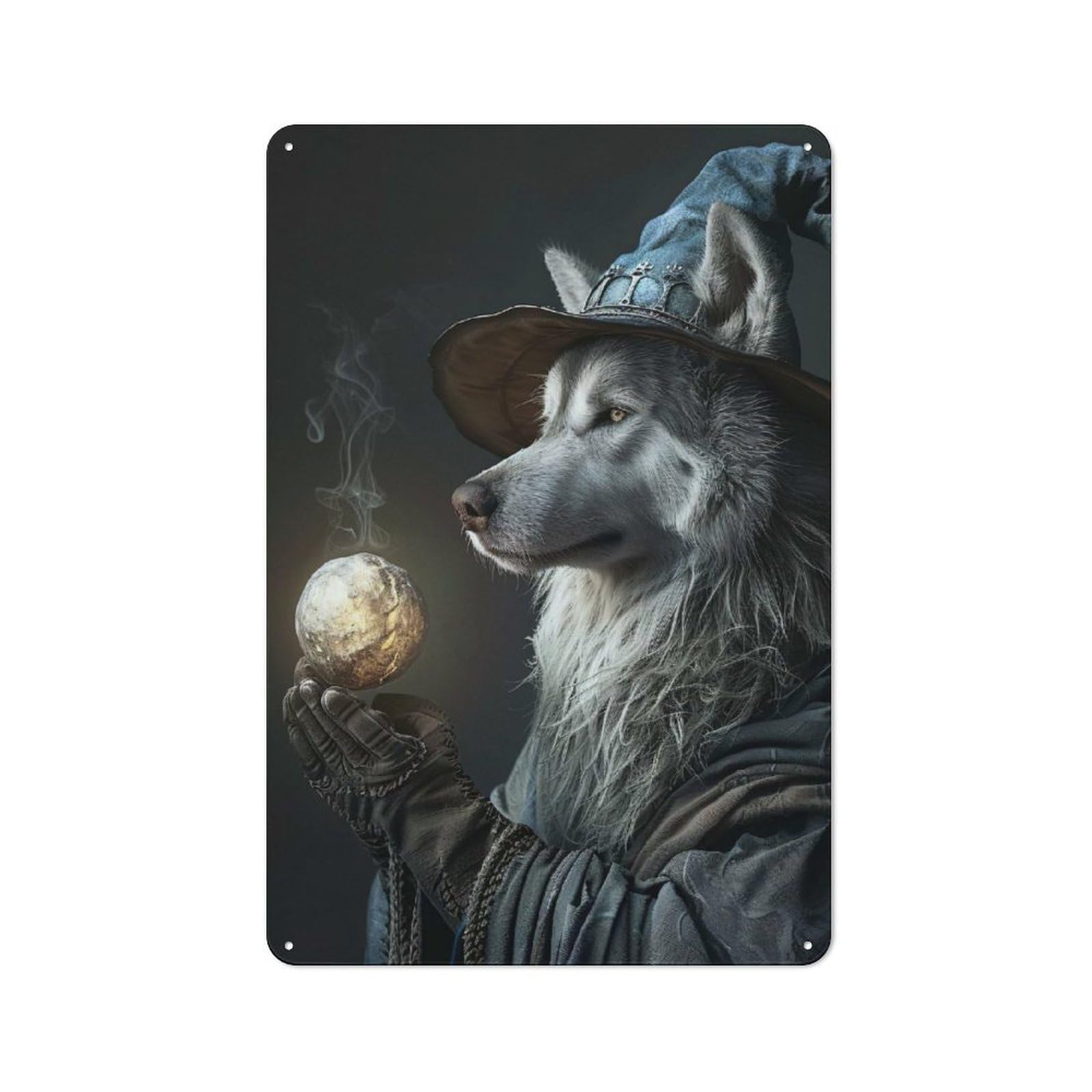 Country Metal Sign with Wolf Wizard with Magic Orb Design 30x20cm, Barn Style Farmhouse Wall Decor for Farmhouse Kitchen, Pantry Or Dining Area