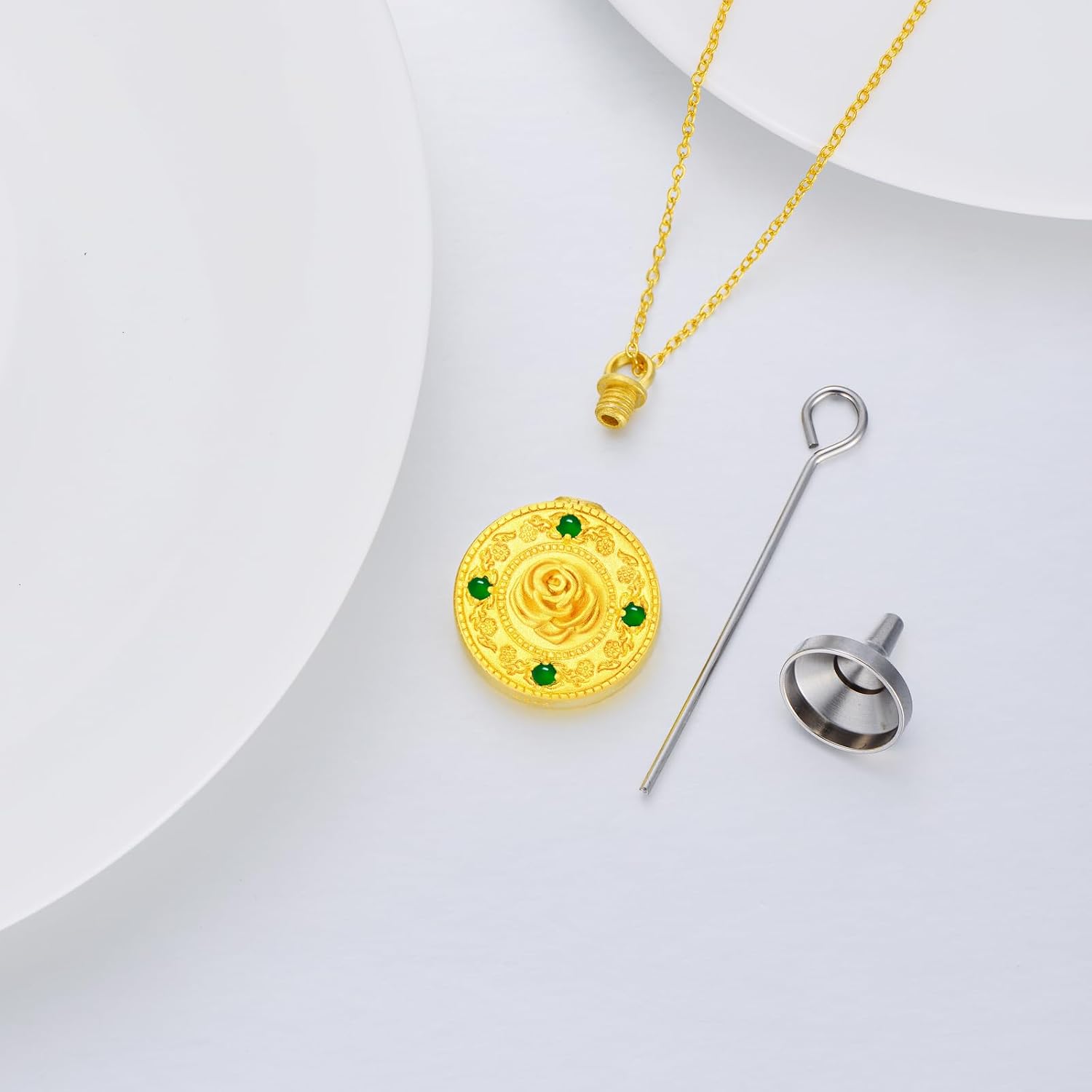 SOULMEET Gold Emerald Cremation Jewelry for Ashes, Personalized Gold Sunflower/Lotus/Rose/Cross/Medal Round Ashes Locket Necklace Natural Gemstone Urn Necklace to Hold Beloved Ones Ashes
