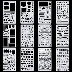 VETPW 12 Pièces Mixte Bullet Journal Pochoir, Pochoir Dessin Peinture, Pochoir à Dessin Réutilisable Plastique Pochoir pour Bricorage, Cartes, Scrapbooking, Planner, Wall Decor