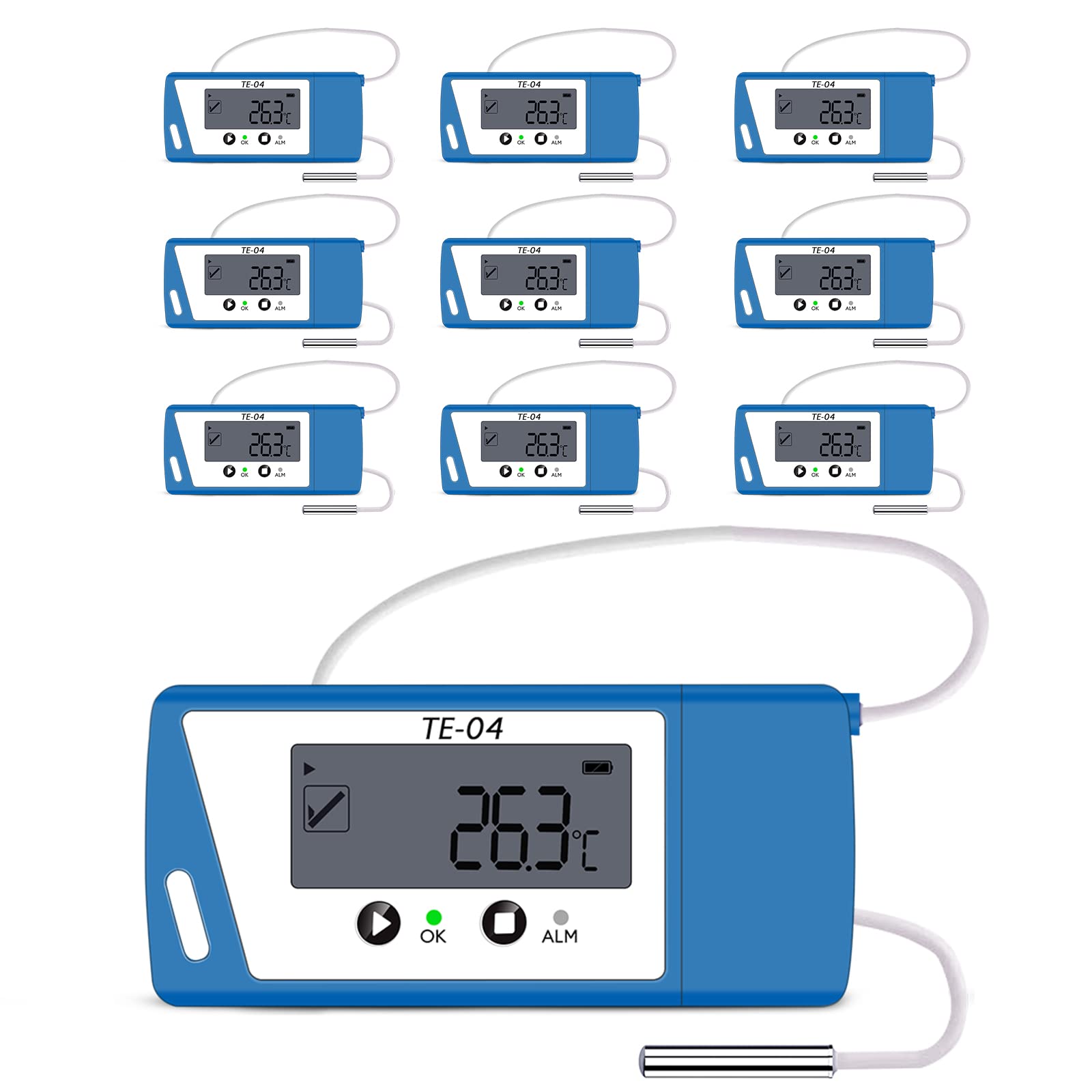 10PCS ThermElc TE-04 ET Enregistreur de Température Adapté au Transport de Médicaments, Pause et Reprise du Suivi Multi-étapes,Sonde Externe en Acier Pour Liquides et Air Ambiant,Rapports PDF/CSV auto