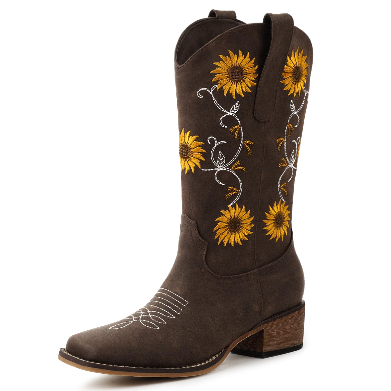 Cowboy Boots for Women Square Toe – Mid Calf Western Cowgirl Boots with Sunflower Embroidery, Chunky Heel, Pull On Design-image-46