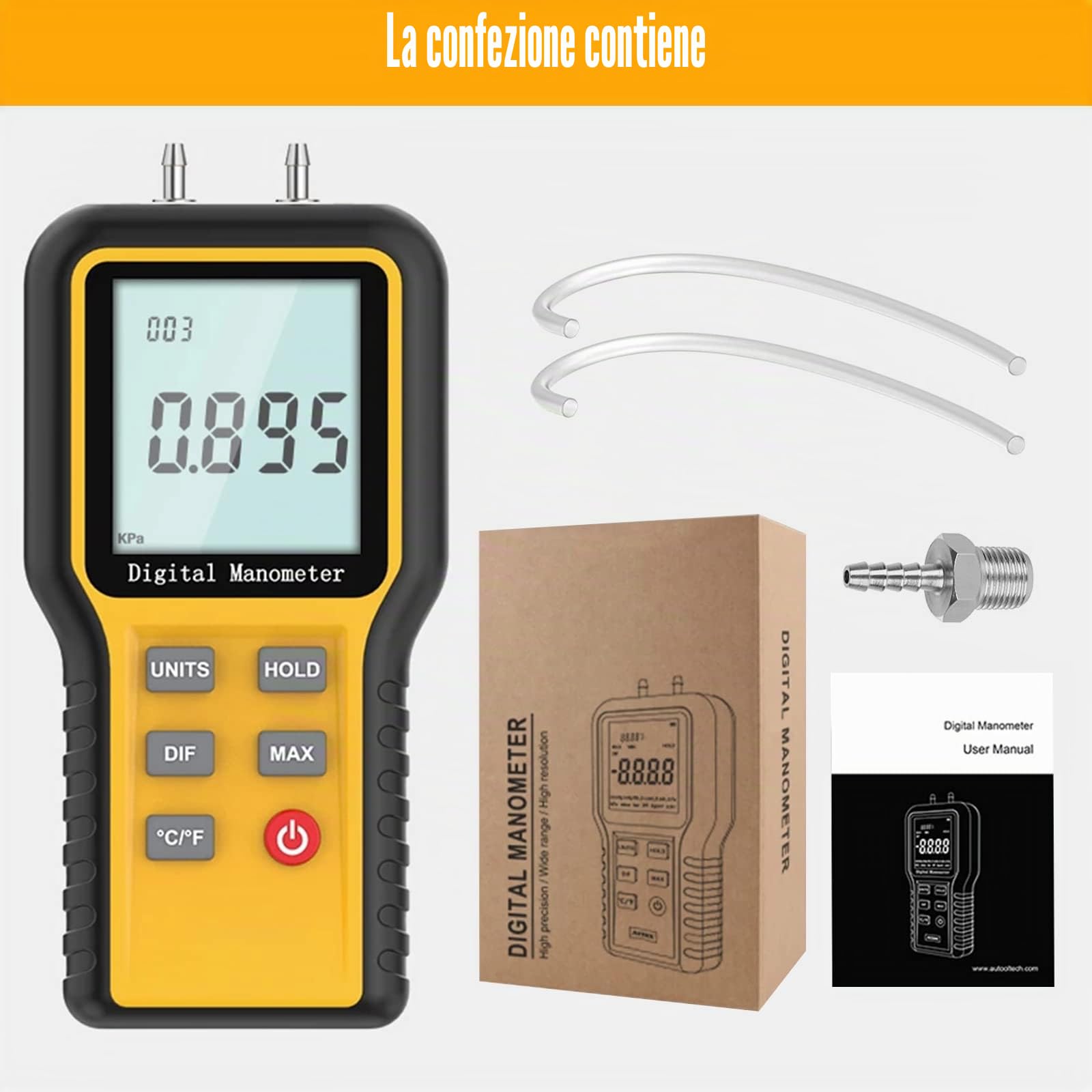 Manometro Digitale Palmare Professionale Manometro Differenziale Digitale per Gas Tester di Pressione del Gas HVAC Manometri Portatile con Connettore a Doppio Tubo, Ampio Display LCD e 12 Unità di