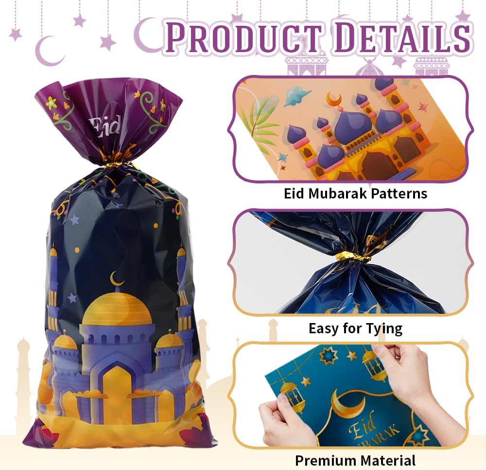 Psxuie Ramadan Cellophane Treat Bags, 200 PCS Eid Mubarak Candy Bags, Plastic Ramadan Gift Bag Goodie Cookie Bag with Twist Ties for Islam Muslim Eid Mubarak Ramadan Party Decorations Favor Supplies - Image 3