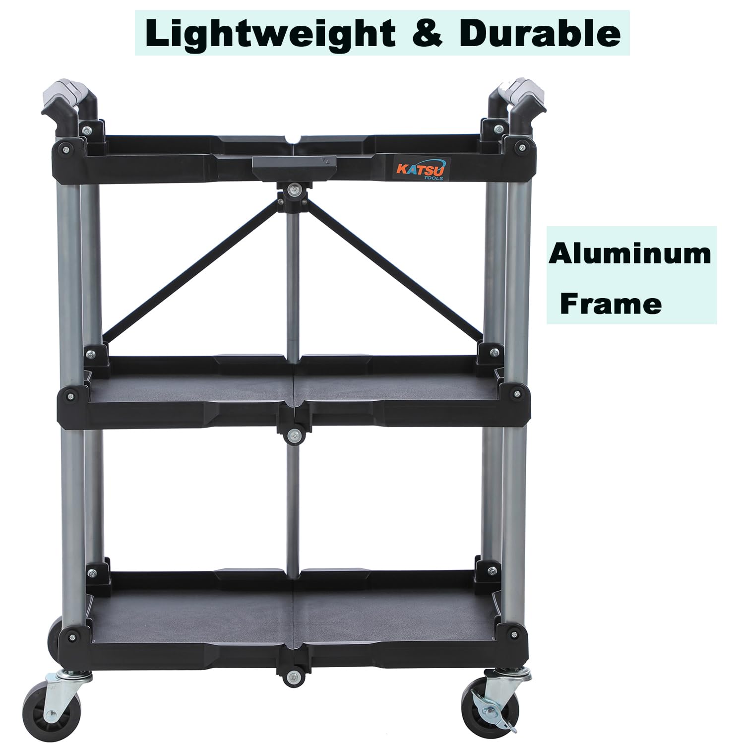 KATSU Tools Chariot de service pliable à 3 niveaux, chariot à outils utilitaire, charge de 68 kg, roues verrouillables, poignées ergonomiques, 83 x 36 x 64 cm, pour atelier, garage, maison, bureau et