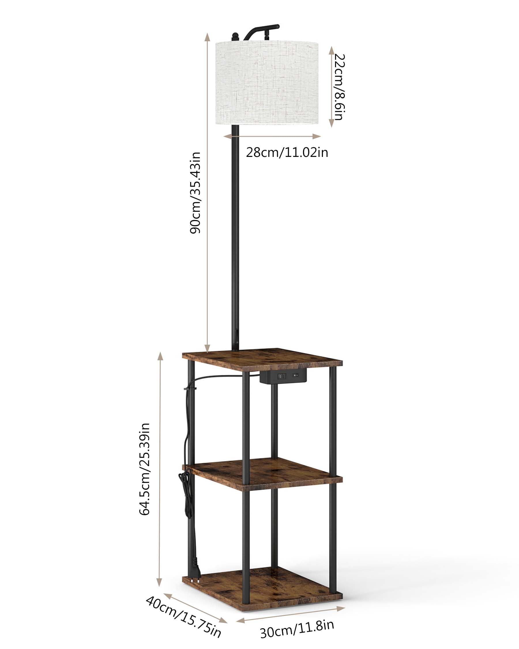 Lámpara de Pie Salón con Estantería 3 Niveles y Estación de Carga, Lámpara de Pie Madera Negra con Pantalla de Tela, Lámpara Salón de Pie Vintage, Lámpara de Pie con Mesita