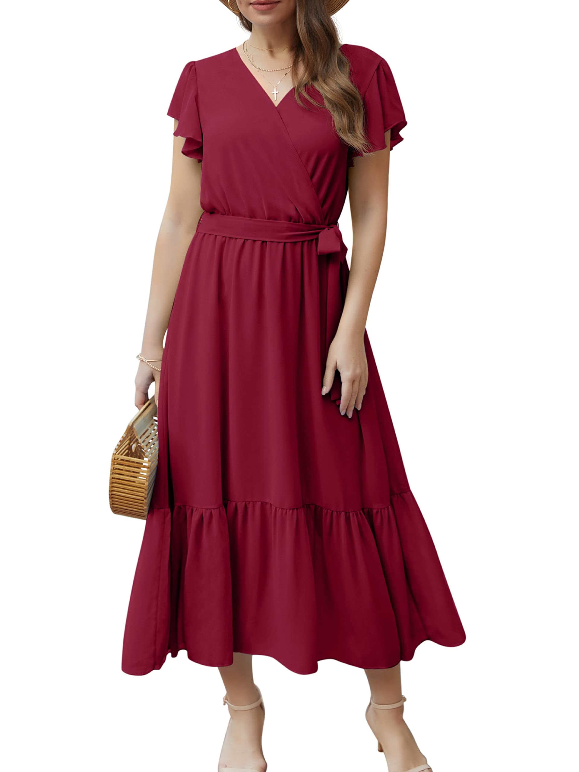 GRECERELLEWomens Summer Wrap Maxi Dress Chiffon Cute Casual V Neck Ruffle  Short SleeveTie Waist Dresses with Lining