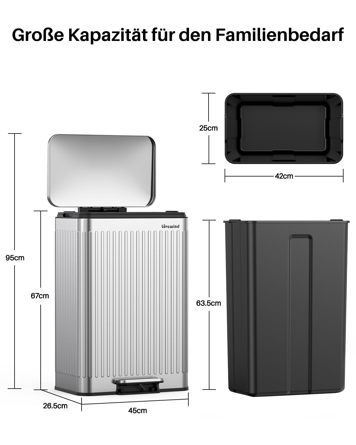 lovewind 60L Mülleimer Küche Edelstahl Silber, Pedal-Behälter mit Soft-Close Deckel,herausnehmbare Einsätze mit Griff & Beutelhalter, Römisches Design, geruchsdicht, für 3-6 Personen
