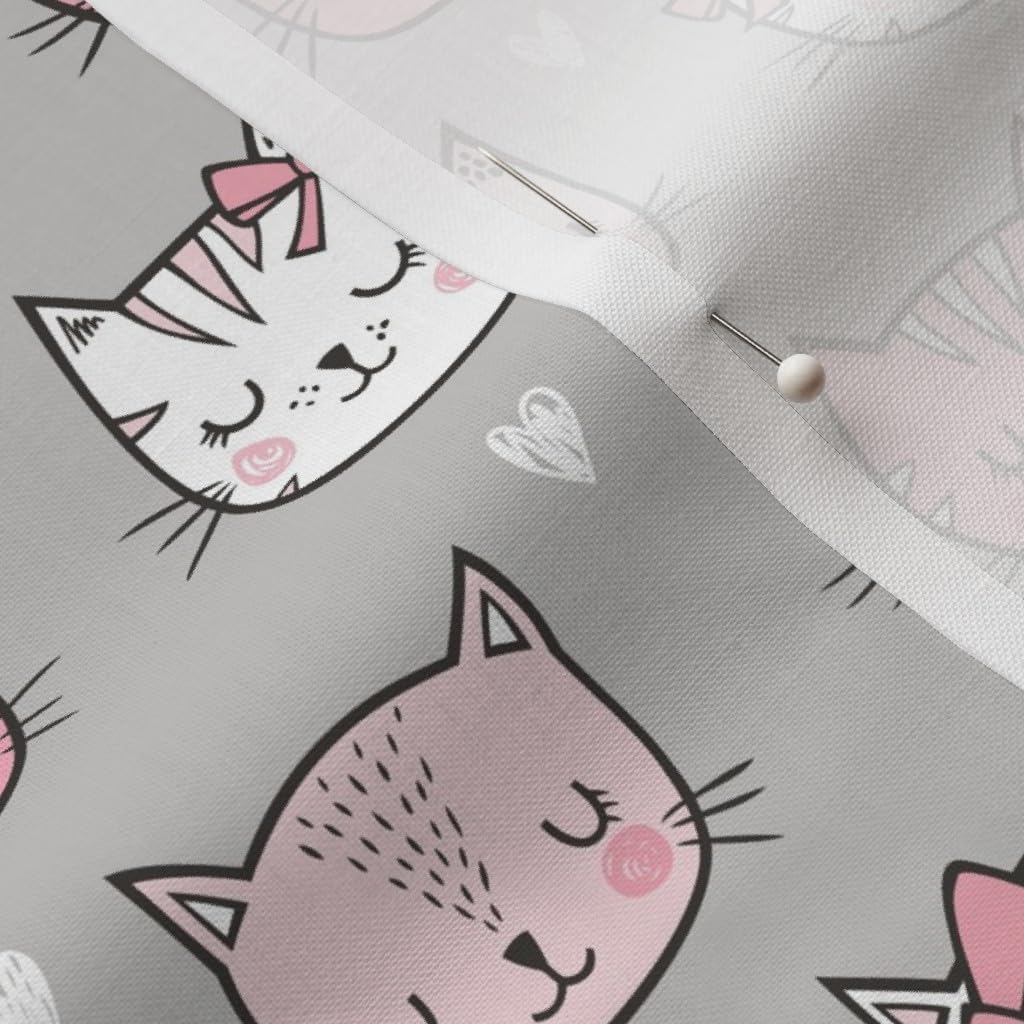 Spoonflower Fabric - Pink Cat Cats Faces Hearts Gray Summer Spring Valentines Day Girly Printed on Petal Signature Cotton Fabric by The Yard - Sewing Quilting Apparel Crafts Decor
