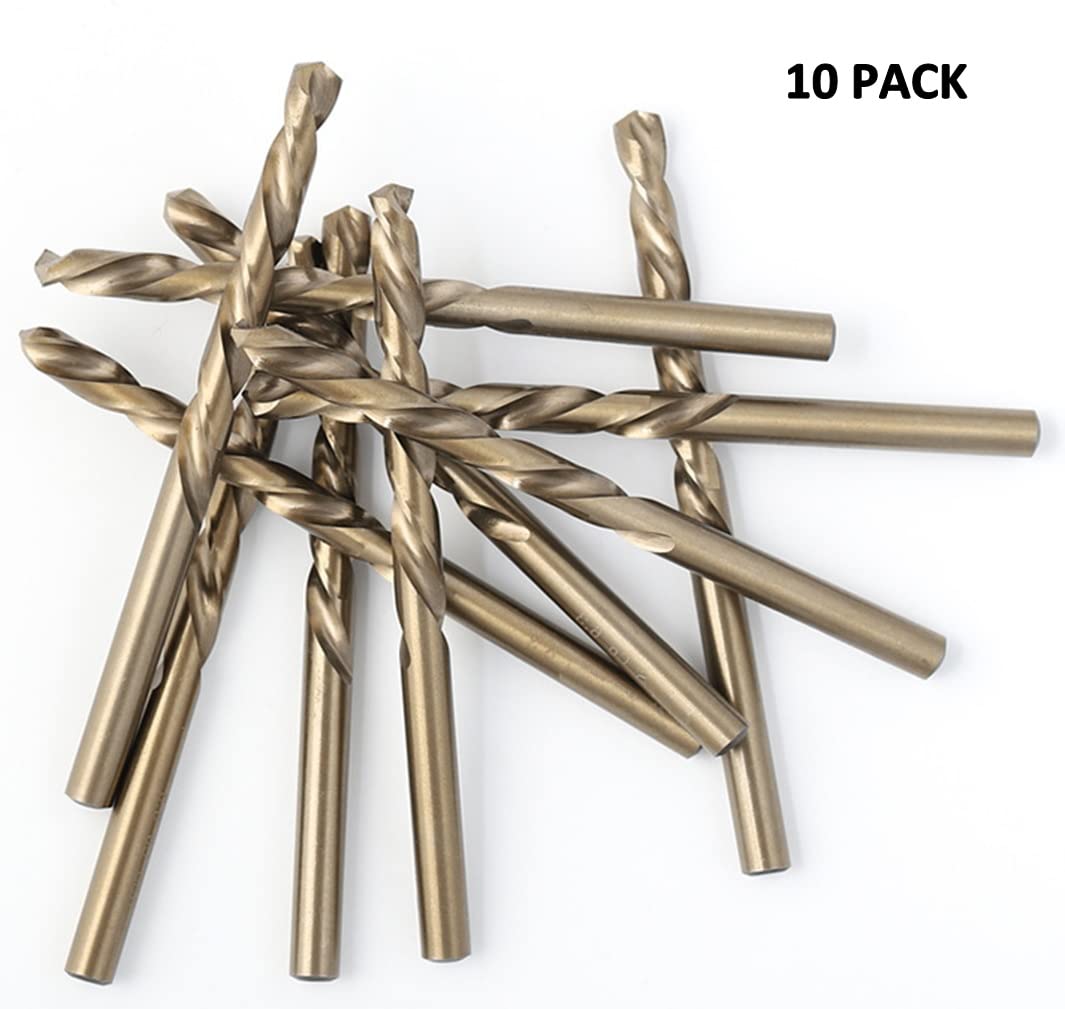 aiyun 1/8" Cobalt Drill Bits, 10 Pack M35 Jobber Length Twsit Drill Bit Set for Hard Metal, Stainless Steel (1/8") - 