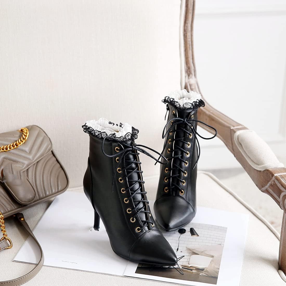 VOKLIN Women's Fashion Lace Up Pointed Toe Dressy Ankle Boots Stiletto High Heel Elegant Dress Short Booties