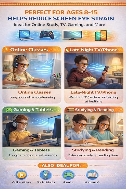 Image of Kids Amber Tinted Computer Glasses for Boys & Girls Age 8-15 Years | Zero Power Kids Eyewear | Lightweight TR90 Frame | CR39 Amber Lenses | For Study, Laptop, Tablet, Mobile & TV Time