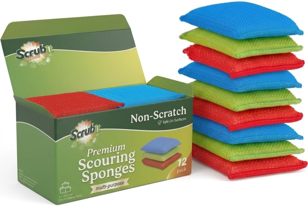 SCRUBIT Multi-Purpose Dish Scrub Sponge, Non Scratch Scouring Pads, Cleaning Sponges for pots & Dishes - Pot Scrubber Sponges for Kitchen & Bathroom - 12 Pack Dish Sponge (Blue,Red,Green)