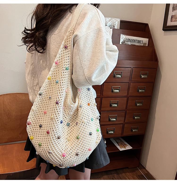 Image of Boho Crochet Beach Tote Shoulder Bag with Colored Beads | Colorful Aesthetic Hippie Knit Bag for Women