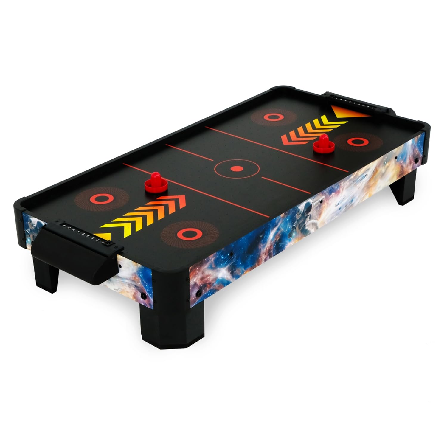 Airhockeytisch für Kinder ab 6 Jahre, Airhockey Game für Tisch mit Gebläse/Motor, Air Hockey Table Top Tischauflage für 2 Spieler inkl. 4x Pusher, 4x Pucks, Torzähler, Zero-G Battle 102x52x20 cm