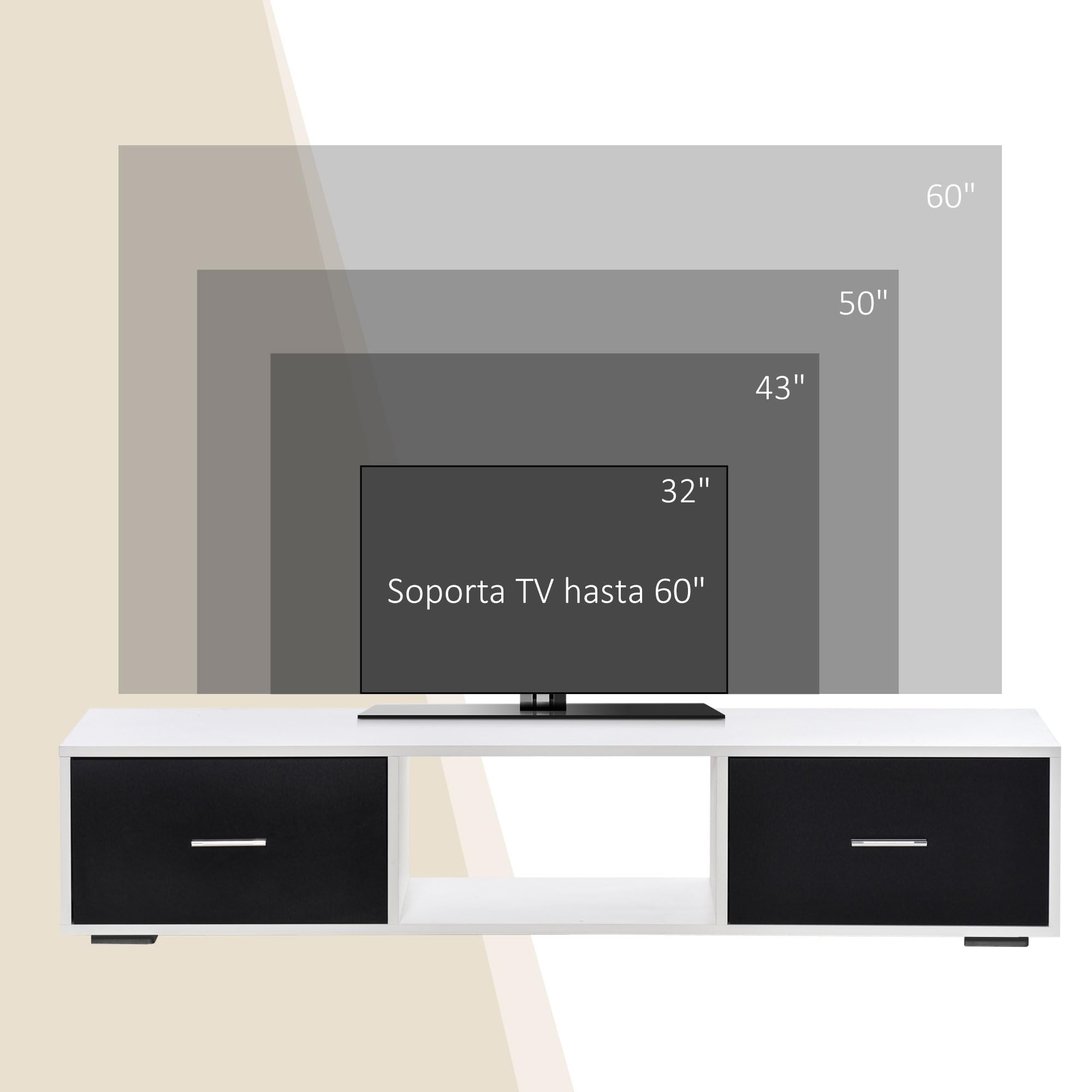HOMCOM Mueble de TV para 60" con 2 Cajones 140x30x32 cm Blanco y Negro | Mesa para TV de Salón, Estilo Moderno, Compartimento Abierto