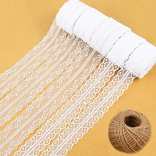 HOWAF 50M 5 Rouleaux Blanc Ruban Dentelle Assorties Dentelle Garniture Ruban Dentelle Tulle Mariage, 1x Corde en Jute, pour Mariage champetre Artisanat Bricolage Cadeau Décoration