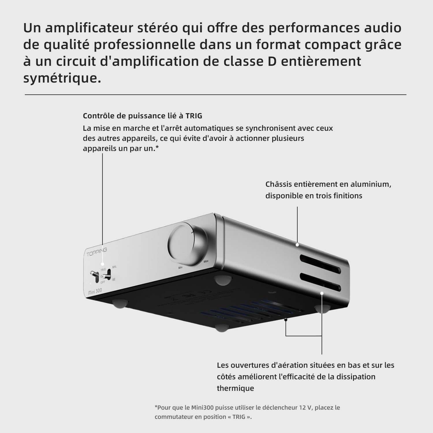 Topping Mini300 Amplificateur de bureau entièrement symétrique 140 W Compact Classe D Amplificateur de bureau avec entrée RCA/TRS, amplificateur Hi-Fi pour enceintes domestiques, argenté