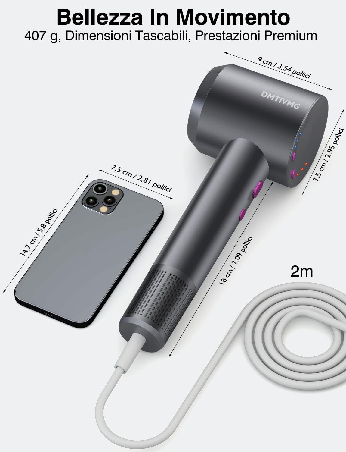 Asciugacapelli Ionico 1600W Phon Capelli Professionale 500 Milioni Ioni Negativi 12 Modalità 4 Temperature 3 Velocità del Vento 160000 RPM Motore Senza Spazzole 2 Accessori Magnetici