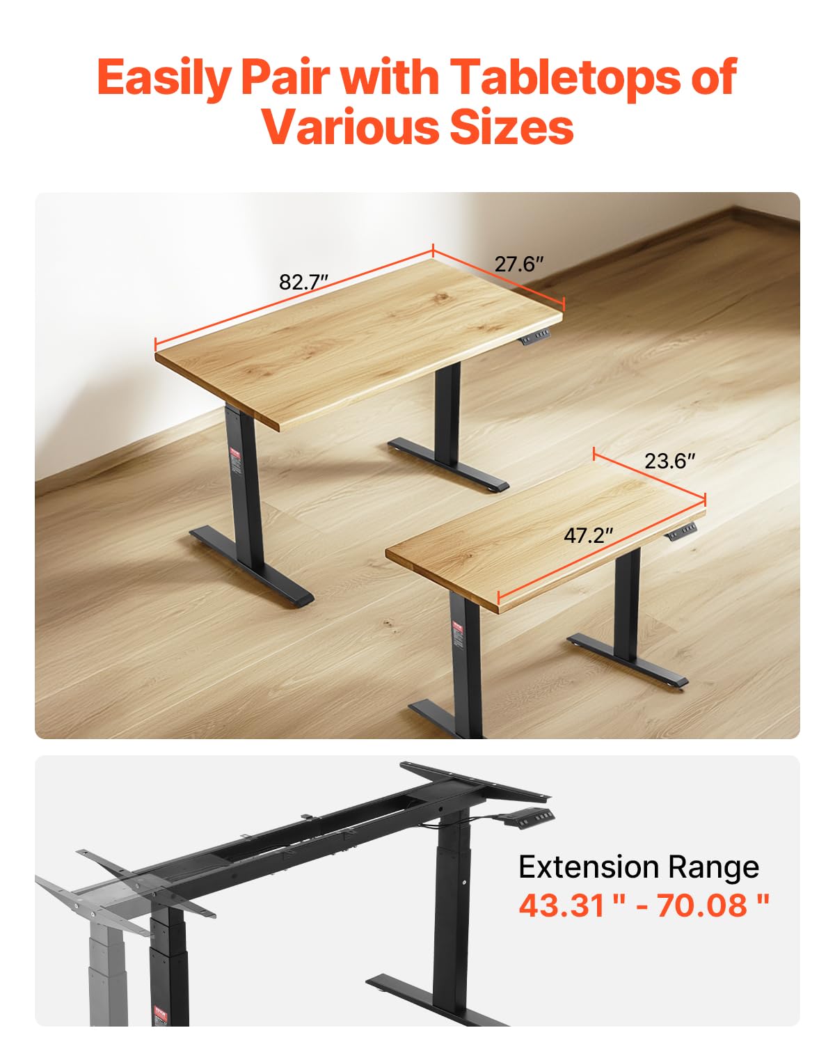 VEVOR Marco de Escritorio de Pie con Motor Dual Altura Ajustable 65-129 cm Patas Eléctricas para Escritorio Longitud de 110-178 cm Base de Estación de Trabajo para Hogar, Oficina, Solo Marco, Negro