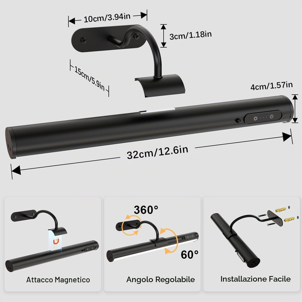 Luce LED specchio bagno senza fili, 4000mAh applique ricaricabile usb con telecomando e calamita, lampada parete batteria senza fili per quadro, muro, trucco, specchio bagno