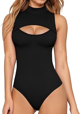 MANGOPOP Women's Mock Neck Cutout Front Bodysuit Long Sleeve Sleeveless Turtle Neck Body Suits Sexy Tops