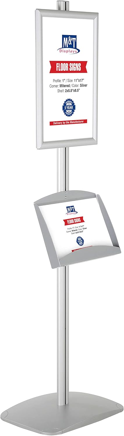 M&T Displays Free Standing Aluminum Display Stand Single Sided Brochure Sign Holder Front Loading Portrait Landscape Silver Snap Frame 1x(11x17) and Metal Tray Shelf 2x(5.5x8.5) Inch Capacity