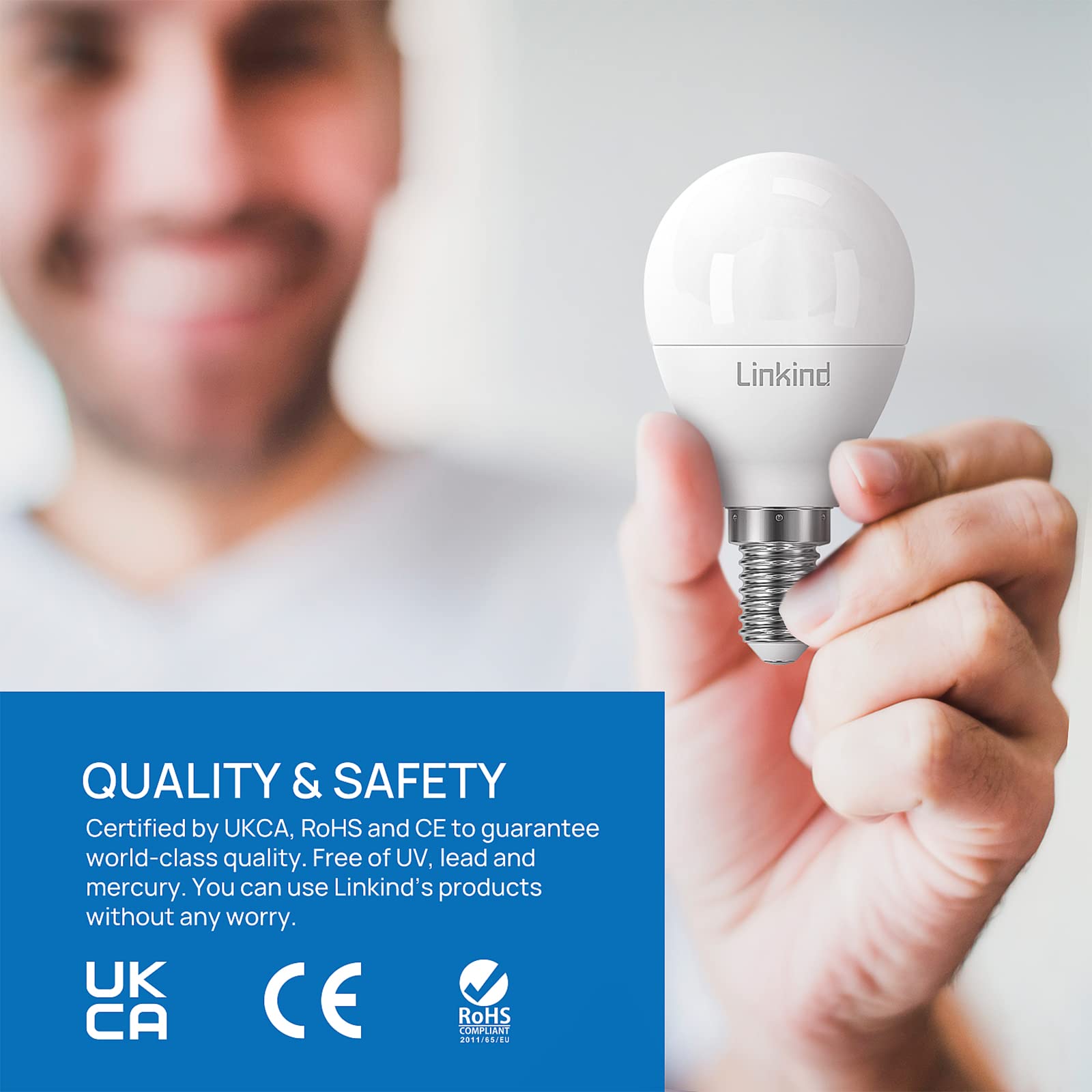 Linkind Lampadine LED E14 Attacco Edison, Golf P45/G45, 7,5W(Equivalenti a 60W), Luce Bianca Fredda 5000K, 806 Lumen, Non Dimmerabile, AC 220-240V, Pacco da 6